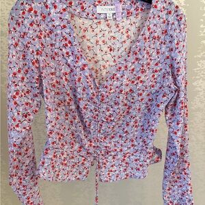 INTERMIX Lavender Floral Wrap Blouse with Red Print